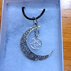 Handmade Moon And Pentagram Necklace. Made With Antique Silver Moon 40mm And Antique Platinum Pentagram 14mm. Adjustable Black Cord Chain With Claw Clasp. Box Display Only. Pouch Included Free. New Unused Item. Accepting Reasonable Offers. Moon Pentagram, Pentagram Necklace, Box Display, Silver Moon, Crescent Moon, Crescent, Womens Jewelry Necklace, Antique Silver, Platinum