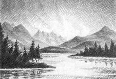 an ink drawing of mountains and trees by the water