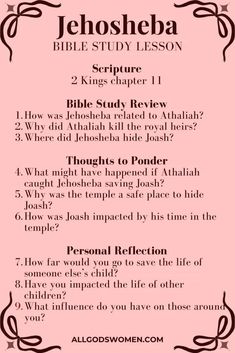 the jehosheba bible study lesson is shown in black and white on a pink background