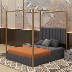 a bedroom with a canopy bed and birds on the wall