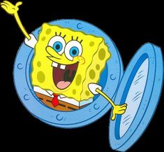 spongebob with his mouth open and tongue out in front of an oval object