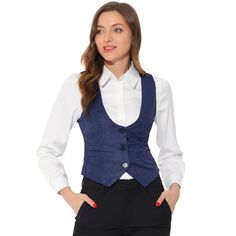 This vintage waistcoat is made of textured jacquard fabric to show your femininity and elegance at the same time. This vest features lightweight and comfortable fabric with 3 3-button plackets, a pointed hem, seam pockets, and an adjustable strap at the back. It can also be worn as an open-front waistcoat for a stylish, professional, and modern chic look. Pair with a blazer outerwear for an urban edge, or a vintage poet-type shirt for a renaissance steampunk style. Designed with sleeveless and t Womens Tailored Suit, Waistcoat Outfit, Blue Waistcoat, Vintage Waistcoat, Steampunk Jacket, Sleeveless Suit, Blue Vests, Vintage Vest, Faux Leather Moto Jacket