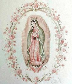 an image of the virgin mary in pink and white with roses around her border, surrounded by flowers