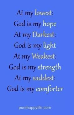 a blue background with the words at my lowest god is my hope at my darkest god is my light at my weakest god is my strength