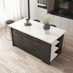 a kitchen with white counter tops and black chairs