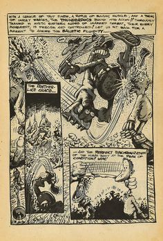 an old comic book page with black and white illustrations on it, including a cartoon character flying