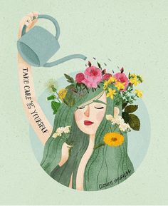 a woman holding a watering can with flowers on her head and the words take care of your hair