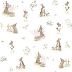 a wallpaper with rabbits and flowers on it