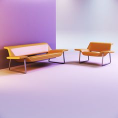 two chairs sitting next to each other in front of a purple and white wall,