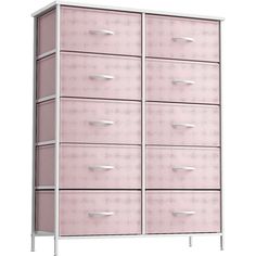 a pink cabinet with six drawers on each side