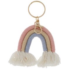 a keychain with a rainbow shaped object hanging from it's side on a white background