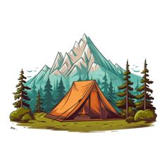 an orange tent in the middle of a forest with mountains and pine trees around it