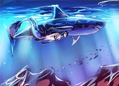 a drawing of a woman riding a shark in the ocean on her surfboard under water