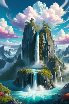 a painting of a waterfall in the middle of a mountain with trees and clouds above it