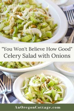 two white bowls filled with celery salad next to silverware