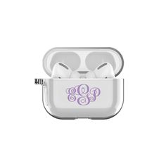 an apple airpods case with the monogrammed initials in purple on white background