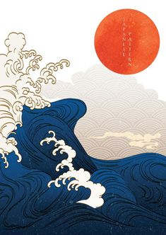 Japanese background with hand drawn wave pattern vector. Red watercolor texture with circle shape. Oriental template design. Japanese Sun, Visuell Identitet, Japon Illustration, Kyoto Japan, Japan Art, Watercolor Texture, Pattern Vector, Japanese Prints