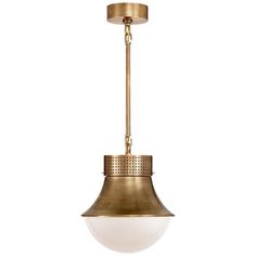 an antique brass pendant light with a white glass shade