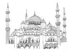 a black and white drawing of a mosque