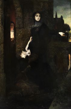 a painting of a woman holding the head of a man in an old castle like setting