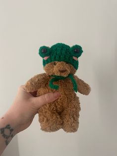 a person holding a stuffed animal in their right hand and wearing a green knitted hat