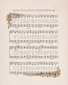 an old sheet music page with flowers and musical notes in the middle, on top of it