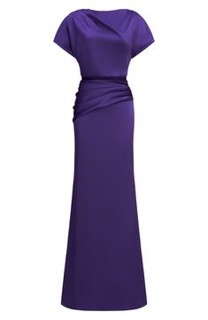 Make a royal entrance in a gracefully draped gown cut from glossy satin and painted in a powerful shade of deep purple. 62" length (size 8) Hidden back zip; keyhole with button-and-loop closure Ballet neck Short sleeves 100% polyester Lined Dry clean Imported Purple Holiday Dress, Royal Entrance, Pencil Gown, Purple Evening Gowns, Gowns Couture, Summer Gowns, Purple Night, Draped Gown, Drape Gowns