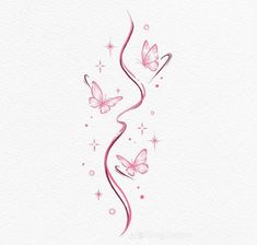 pink butterflies flying in the air with stars around them on a white paper background, which is