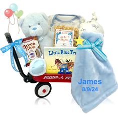 HOLIDAY SCHEDULE: The last day we will accept orders for shipping will be December 21st. ALL orders placed after this date will ship in when we resume our normal schedule on January 6th. Celebrate the new arrival in style with our Baby Boy Joy Wagon! 🎉👶 This charming gift set is packed with love, joy, and a sprinkle of magic, making it the perfect way to welcome the little one into the world. 💙 Features: 🧸 Soft Blue Teddy Bear (15"): A plush buddy in a soothing light blue, perfect for endles Newborn Baby Gift Basket, Radio Flyer Wagon, Radio Flyer Wagons, Baby Shower Gift Basket, Radio Flyer, Personalized Baby Boy, Baby Shower Gifts For Boys, Baby Gift Basket, Unique Baby Gifts