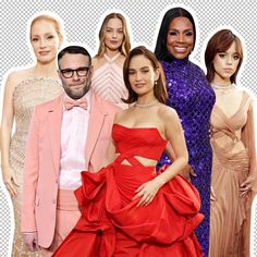 a collage of people dressed up in formal wear and posing for the camera with one woman wearing a red dress