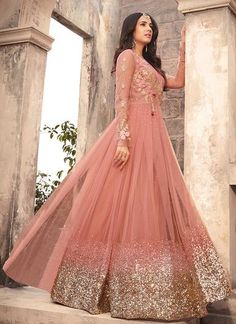 Peach Embroidered Net Anarkali Suit Net Suit, Bridal Anarkali Suits, Net Anarkali, Designer Anarkali Dresses, Designer Anarkali, Indian Gowns Dresses, Suit Material, Indian Gowns, Pakistani Bridal Dresses