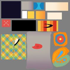 an assortment of different colored items on a gray background with black and white lines in the middle