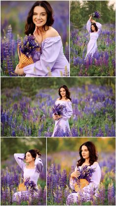 a woman is posing in a field with purple flowers and holding a basket full of lavenders