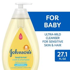 Gentle enough for newborns and good for the whole family, Johnson's Head-To-Toe Baby Body Wash & Shampoo helps make bath time bonding time with your baby. This ultra-mild 2-in-1 baby bath wash & shampoo is pediatrician-tested and pH-balanced to baby skin and washes away 99.9% of germs. Containing over 90 percent ingredients of natural origin,* this sulfate-free baby shampoo and cleanser is gentle enough to cleanse baby's sensitive skin. The Johnson's No More Tears formula makes this baby wash te Baby Body Wash, Cleanser For Sensitive Skin, No More Tears, Baby Eyes, Baby Lotion, Baby Shampoo, Pure Water, Sulfate Free, Baby Body