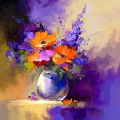 an oil painting of flowers in a vase on a table with purple and orange colors