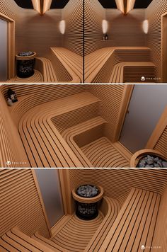 the inside and outside of a wooden sauna