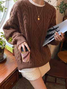 Coffee Brown Casual Collar Long Sleeve Acrylic Plain Pullovers Embellished Slight Stretch  Women Knitwear Dazy Shein, Autumn Fits, Pullover Outfit, Downtown Girl, Drop Shoulder Sweaters, Mode Inspo, 가을 패션, Autumn Outfit, Outfit Inspo Fall