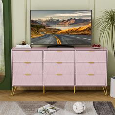 This elegant double dresser elevates your bedroom with a glam look thanks to its gold-finished hairpin legs and clean lines. We love that it features nine drawers with metal slides, so there's plenty of room to tuck away your favorite tees, socks, and slacks. This nearly 59" wide dresser is made from solid and engineered wood with a neutral finish. On the front, it has an etched geometric motif and sleek handles with a golden hue for a luxe feel in your space. Plus, this dresser offers much room Nyc Apt, Wide Dresser, Lamp Color, Geometric Motif, Metal Slide, Glam Look, Bedroom Furniture Dresser, Double Dresser, Bedroom Dressers