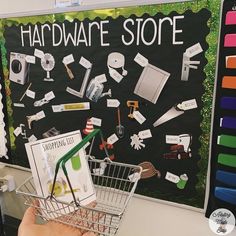 a hand holding a shopping cart in front of a blackboard with various items on it