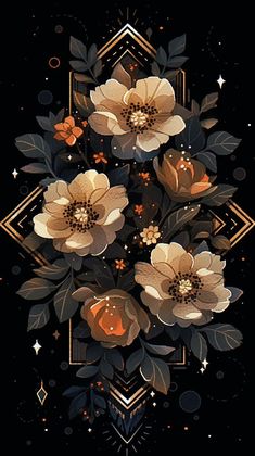 an image of flowers on a black background with gold and silver accents in the center