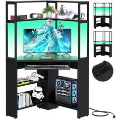 a computer desk with shelves and a gaming system on it's sides, along with other accessories