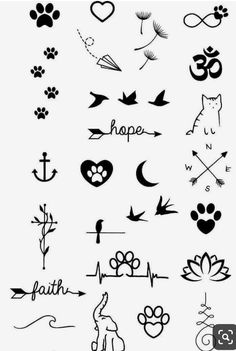 some black and white tattoos with hearts, arrows, cats and other things on them