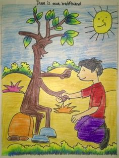 a child's drawing of a boy sitting under a tree with the sun in the background