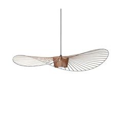 a bird shaped light fixture hanging from the ceiling, with wire attached to it's wings