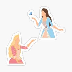 two stickers depicting princesses, one holding a butterfly and the other pointing at her