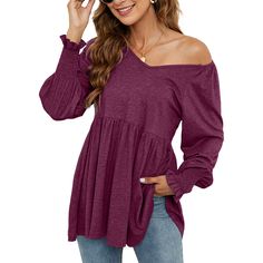 Burgundy Solid V Neck Puff Sleeve Tunic Tops Empire Waist Tops, Womens Tops Dressy, Spring Shirts, Womens Basic, Womens Tunics, Womens Fall, Autumn Summer, Tshirt Colors, Every Day