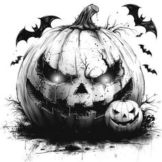 a black and white drawing of a jack o lantern pumpkin with bats flying around it