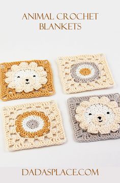 four crocheted squares with animals on them and the words, animal crochet blankets