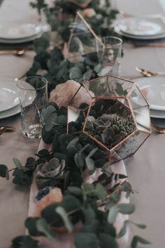 the table is set with succulents and plates