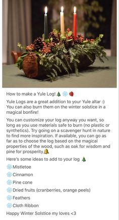 a table topped with candles and evergreens on top of it, next to an article about how to make a yule log